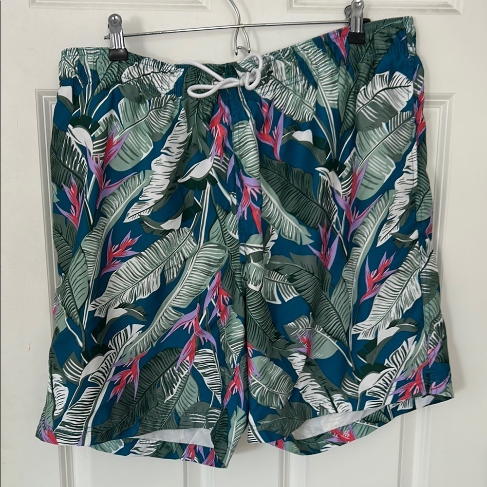 Lands End Hawaian Tropical Swim Bathing Suit Size Xl Green Swim Trunks
